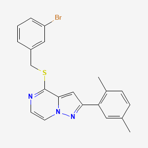 molecular formula C21H18BrN3S B2696826 4-((3-溴苄基)硫基)-2-(2,5-二甲基苯基)吡唑并[1,5-a]吡嗪 CAS No. 1223893-37-5