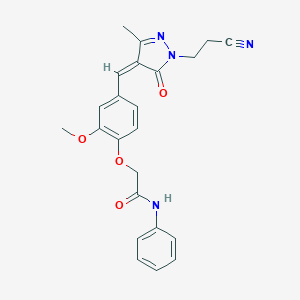 molecular formula C23H22N4O4 B269685 2-(4-{[1-(2-cyanoethyl)-3-methyl-5-oxo-1,5-dihydro-4H-pyrazol-4-ylidene]methyl}-2-methoxyphenoxy)-N-phenylacetamide 