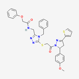 molecular formula C34H32N6O4S2 B2696880 N-((4-benzyl-5-((2-(5-(4-methoxyphenyl)-3-(thiophen-2-yl)-4,5-dihydro-1H-pyrazol-1-yl)-2-oxoethyl)thio)-4H-1,2,4-triazol-3-yl)methyl)-2-phenoxyacetamide CAS No. 393783-28-3
