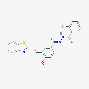 molecular formula C23H18ClN3O2S2 B269691 N'-{3-[(1,3-benzothiazol-2-ylsulfanyl)methyl]-4-methoxybenzylidene}-2-chlorobenzohydrazide 