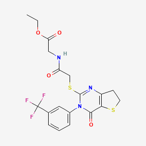 molecular formula C19H18F3N3O4S2 B2696925 Ethyl 2-(2-((4-oxo-3-(3-(trifluoromethyl)phenyl)-3,4,6,7-tetrahydrothieno[3,2-d]pyrimidin-2-yl)thio)acetamido)acetate CAS No. 877654-24-5