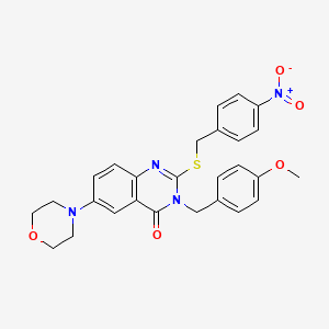 molecular formula C27H26N4O5S B2696995 3-[(4-Methoxyphenyl)methyl]-6-morpholin-4-yl-2-[(4-nitrophenyl)methylsulfanyl]quinazolin-4-one CAS No. 689771-86-6