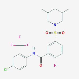 molecular formula C21H21ClF4N2O3S B2697024 N-(4-chloro-2-(trifluoromethyl)phenyl)-5-((3,5-dimethylpiperidin-1-yl)sulfonyl)-2-fluorobenzamide CAS No. 451479-68-8