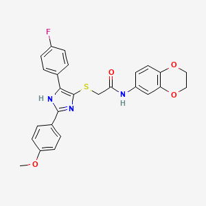 molecular formula C26H22FN3O4S B2697044 N-(2,3-二氢-1,4-苯并二氧杂环己-6-基)-2-{[5-(4-氟苯基)-2-(4-甲氧基苯基)-1H-咪唑-4-基]硫代基}乙酰胺 CAS No. 901265-49-4