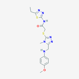 molecular formula C17H21N7O2S2 B269705 N-(5-ethyl-1,3,4-thiadiazol-2-yl)-2-({5-[(4-methoxyanilino)methyl]-4-methyl-4H-1,2,4-triazol-3-yl}sulfanyl)acetamide 