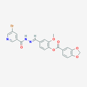 molecular formula C22H16BrN3O6 B269706 4-{2-[(5-Bromo-3-pyridinyl)carbonyl]carbohydrazonoyl}-2-methoxyphenyl 1,3-benzodioxole-5-carboxylate 