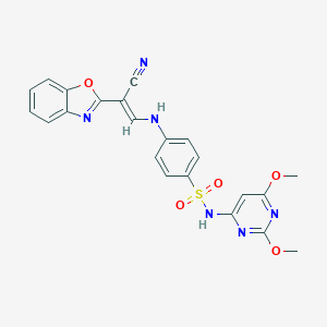 molecular formula C22H18N6O5S B269707 4-{[2-(1,3-benzoxazol-2-yl)-2-cyanovinyl]amino}-N-(2,6-dimethoxy-4-pyrimidinyl)benzenesulfonamide 