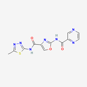 molecular formula C12H9N7O3S B2697073 N-(5-methyl-1,3,4-thiadiazol-2-yl)-2-(pyrazine-2-carboxamido)oxazole-4-carboxamide CAS No. 1396815-70-5