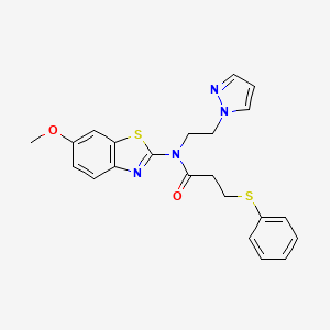 molecular formula C22H22N4O2S2 B2697095 N-(2-(1H-pyrazol-1-yl)ethyl)-N-(6-methoxybenzo[d]thiazol-2-yl)-3-(phenylthio)propanamide CAS No. 1171326-64-9