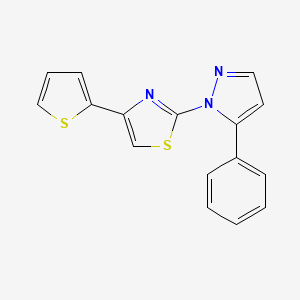 molecular formula C16H11N3S2 B2697158 2-(5-Phenylpyrazol-1-yl)-4-thiophen-2-yl-1,3-thiazole CAS No. 956371-34-9