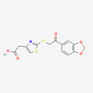 molecular formula C14H11NO5S2 B2697166 2-(2-((2-(Benzo[d][1,3]dioxol-5-yl)-2-oxoethyl)thio)thiazol-4-yl)acetic acid CAS No. 1286712-83-1
