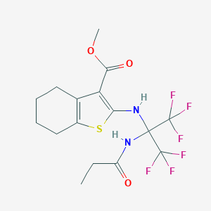 molecular formula C16H18F6N2O3S B269718 Methyl 2-{[2,2,2-trifluoro-1-(propionylamino)-1-(trifluoromethyl)ethyl]amino}-4,5,6,7-tetrahydro-1-benzothiophene-3-carboxylate 
