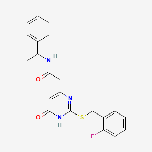 molecular formula C21H20FN3O2S B2697187 2-(2-((2-fluorobenzyl)thio)-6-oxo-1,6-dihydropyrimidin-4-yl)-N-(1-phenylethyl)acetamide CAS No. 1105240-56-9