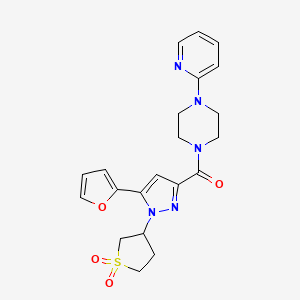molecular formula C21H23N5O4S B2697195 (1-(1,1-dioxidotetrahydrothiophen-3-yl)-5-(furan-2-yl)-1H-pyrazol-3-yl)(4-(pyridin-2-yl)piperazin-1-yl)methanone CAS No. 1203302-68-4