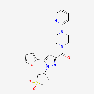 molecular formula C21H23N5O4S B2697195 (1-(1,1-二氧代四氢噻吩-3-基)-5-(呋喃-2-基)-1H-吡唑-3-基)(4-(吡啶-2-基)哌嗪-1-基)甲酮 CAS No. 1203302-68-4