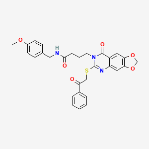 molecular formula C29H27N3O6S B2697210 N-[(4-methoxyphenyl)methyl]-4-(8-oxo-6-phenacylsulfanyl-[1,3]dioxolo[4,5-g]quinazolin-7-yl)butanamide CAS No. 896706-60-8