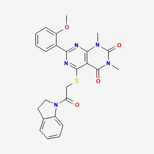 molecular formula C25H23N5O4S B2697285 5-((2-(indolin-1-yl)-2-oxoethyl)thio)-7-(2-methoxyphenyl)-1,3-dimethylpyrimido[4,5-d]pyrimidine-2,4(1H,3H)-dione CAS No. 872838-30-7