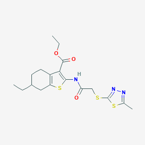 molecular formula C18H23N3O3S3 B269729 Ethyl 6-ethyl-2-({[(5-methyl-1,3,4-thiadiazol-2-yl)sulfanyl]acetyl}amino)-4,5,6,7-tetrahydro-1-benzothiophene-3-carboxylate 