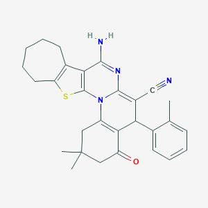 molecular formula C29H30N4OS B269730 8-amino-2,2-dimethyl-5-(2-methylphenyl)-4-oxo-1,3,4,5,10,11,12,13-octahydro-2H,9H-cyclohepta[4',5']thieno[3',2':5,6]pyrimido[1,2-a]quinoline-6-carbonitrile 