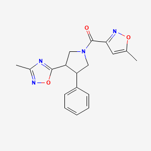 molecular formula C18H18N4O3 B2697312 (3-(3-Methyl-1,2,4-oxadiazol-5-yl)-4-phenylpyrrolidin-1-yl)(5-methylisoxazol-3-yl)methanone CAS No. 1904027-66-2