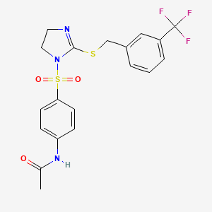 molecular formula C19H18F3N3O3S2 B2697323 N-[4-[[2-[[3-(trifluoromethyl)phenyl]methylsulfanyl]-4,5-dihydroimidazol-1-yl]sulfonyl]phenyl]acetamide CAS No. 868218-21-7