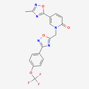 molecular formula C18H12F3N5O4 B2697331 5-(3-methyl-1,2,4-oxadiazol-5-yl)-1-((3-(4-(trifluoromethoxy)phenyl)-1,2,4-oxadiazol-5-yl)methyl)pyridin-2(1H)-one CAS No. 1396843-90-5