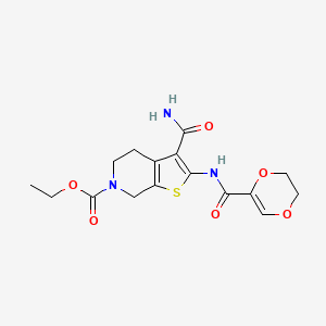 molecular formula C16H19N3O6S B2697354 ethyl 3-carbamoyl-2-(5,6-dihydro-1,4-dioxine-2-carboxamido)-4,5-dihydrothieno[2,3-c]pyridine-6(7H)-carboxylate CAS No. 864926-00-1