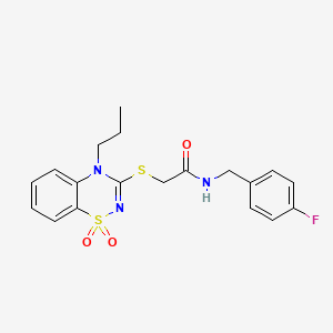 molecular formula C19H20FN3O3S2 B2697384 2-((1,1-dioxido-4-propyl-4H-benzo[e][1,2,4]thiadiazin-3-yl)thio)-N-(4-fluorobenzyl)acetamide CAS No. 899724-82-4