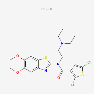 molecular formula C20H22Cl3N3O3S2 B2697451 2,5-dichloro-N-(2-(diethylamino)ethyl)-N-(6,7-dihydro-[1,4]dioxino[2',3':4,5]benzo[1,2-d]thiazol-2-yl)thiophene-3-carboxamide hydrochloride CAS No. 1330312-36-1