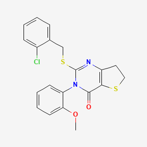 molecular formula C20H17ClN2O2S2 B2697452 2-[(2-Chlorophenyl)methylsulfanyl]-3-(2-methoxyphenyl)-6,7-dihydrothieno[3,2-d]pyrimidin-4-one CAS No. 850915-47-8