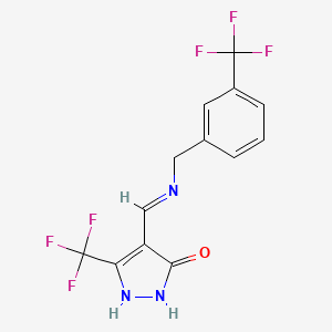 molecular formula C13H9F6N3O B2697466 5-(trifluoromethyl)-4-({[3-(trifluoromethyl)benzyl]amino}methylene)-2,4-dihydro-3H-pyrazol-3-one CAS No. 477850-64-9