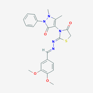 molecular formula C23H23N5O4S B269747 3,4-dimethoxybenzaldehyde [3-(1,5-dimethyl-3-oxo-2-phenyl-2,3-dihydro-1H-pyrazol-4-yl)-4-oxo-1,3-thiazolidin-2-ylidene]hydrazone 