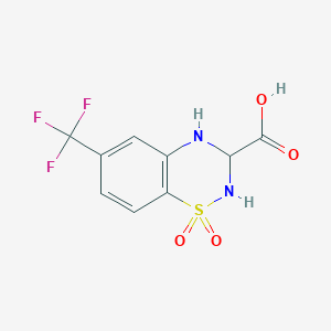 molecular formula C9H7F3N2O4S B2697506 1,1-bis(oxidanylidene)-6-(trifluoromethyl)-3,4-dihydro-2H-1,2,4-benzothiadiazine-3-carboxylic acid CAS No. 931966-70-0
