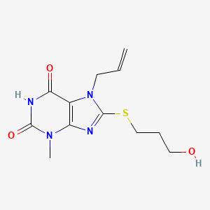 molecular formula C12H16N4O3S B2697558 7-allyl-8-((3-hydroxypropyl)thio)-3-methyl-1H-purine-2,6(3H,7H)-dione CAS No. 487032-17-7