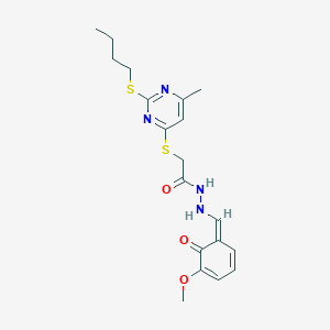 molecular formula C19H24N4O3S2 B269756 2-(2-butylsulfanyl-6-methylpyrimidin-4-yl)sulfanyl-N'-[(Z)-(5-methoxy-6-oxocyclohexa-2,4-dien-1-ylidene)methyl]acetohydrazide 