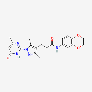 molecular formula C21H23N5O4 B2697565 N-(2,3-dihydrobenzo[b][1,4]dioxin-6-yl)-3-(3,5-dimethyl-1-(4-methyl-6-oxo-1,6-dihydropyrimidin-2-yl)-1H-pyrazol-4-yl)propanamide CAS No. 1172574-76-3
