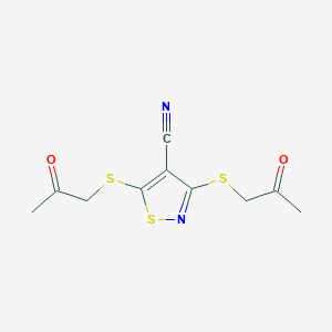 molecular formula C10H10N2O2S3 B2697620 3,5-Bis((2-oxopropyl)thio)-4-isothiazolecarbonitrile CAS No. 24134-81-4