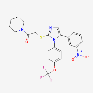 molecular formula C23H21F3N4O4S B2697650 2-((5-(3-硝基苯基)-1-(4-(三氟甲氧基)苯基)-1H-咪唑-2-基)硫)-1-(哌啶-1-基)乙酮 CAS No. 1226428-85-8