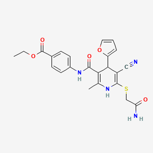 molecular formula C23H22N4O5S B2697695 Ethyl 4-[[6-(2-amino-2-oxoethyl)sulfanyl-5-cyano-4-(furan-2-yl)-2-methyl-1,4-dihydropyridine-3-carbonyl]amino]benzoate CAS No. 799801-27-7