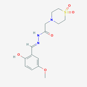 molecular formula C14H19N3O5S B2697728 2-(1,1-dioxo-1lambda~6~,4-thiazinan-4-yl)-N'-[(E)-(2-hydroxy-5-methoxyphenyl)methylidene]acetohydrazide CAS No. 477890-00-9