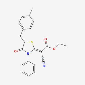 molecular formula C22H20N2O3S B2697788 (Z)-乙酸2-氰基-2-(5-(4-甲基苄基)-4-氧代-3-苯基噻唑烷-2-基亚甲基)酯 CAS No. 497941-43-2