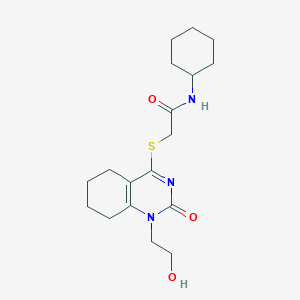 molecular formula C18H27N3O3S B2697860 N-cyclohexyl-2-((1-(2-hydroxyethyl)-2-oxo-1,2,5,6,7,8-hexahydroquinazolin-4-yl)thio)acetamide CAS No. 941979-09-5