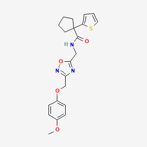 molecular formula C21H23N3O4S B2697877 N-((3-((4-methoxyphenoxy)methyl)-1,2,4-oxadiazol-5-yl)methyl)-1-(thiophen-2-yl)cyclopentanecarboxamide CAS No. 1226457-35-7