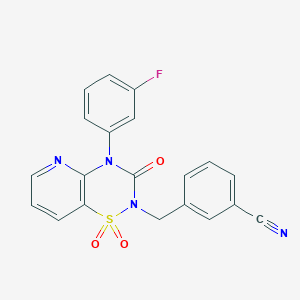 molecular formula C20H13FN4O3S B2697905 3-((4-(3-fluorophenyl)-1,1-dioxido-3-oxo-3,4-dihydro-2H-pyrido[2,3-e][1,2,4]thiadiazin-2-yl)methyl)benzonitrile CAS No. 1251681-91-0