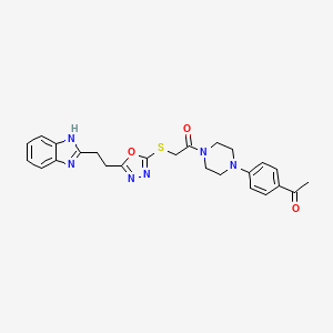 molecular formula C25H26N6O3S B2697910 2-((5-(2-(1H-benzo[d]imidazol-2-yl)ethyl)-1,3,4-oxadiazol-2-yl)thio)-1-(4-(4-acetylphenyl)piperazin-1-yl)ethanone CAS No. 1323346-11-7