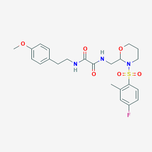 molecular formula C23H28FN3O6S B2697931 N1-((3-((4-fluoro-2-methylphenyl)sulfonyl)-1,3-oxazinan-2-yl)methyl)-N2-(4-methoxyphenethyl)oxalamide CAS No. 872987-29-6