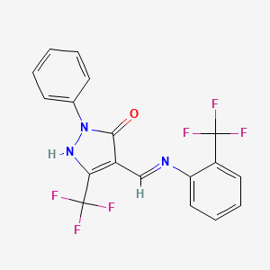 molecular formula C18H11F6N3O B2697956 2-phenyl-5-(trifluoromethyl)-4-{[2-(trifluoromethyl)anilino]methylene}-2,4-dihydro-3H-pyrazol-3-one CAS No. 477851-31-3
