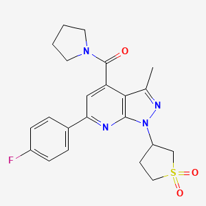 molecular formula C22H23FN4O3S B2697960 (1-(1,1-dioxidotetrahydrothiophen-3-yl)-6-(4-fluorophenyl)-3-methyl-1H-pyrazolo[3,4-b]pyridin-4-yl)(pyrrolidin-1-yl)methanone CAS No. 1021250-40-7