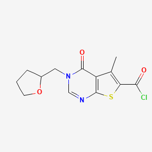 molecular formula C13H13ClN2O3S B2698005 5-Methyl-4-oxo-3-(oxolan-2-ylmethyl)-3-hydrothiopheno[2,3-d]pyrimidine-6-carbo nyl chloride CAS No. 1353507-05-7