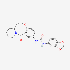 molecular formula C22H23N3O5 B2698030 1-(1,3-苯并二氧杂环戊-5-基)-3-(6-氧代-2,3,4,12,13,13a-六氢-1H-吡啶并[2,1-d][1,5]苯并噁唑-8-基)脲 CAS No. 1226438-16-9